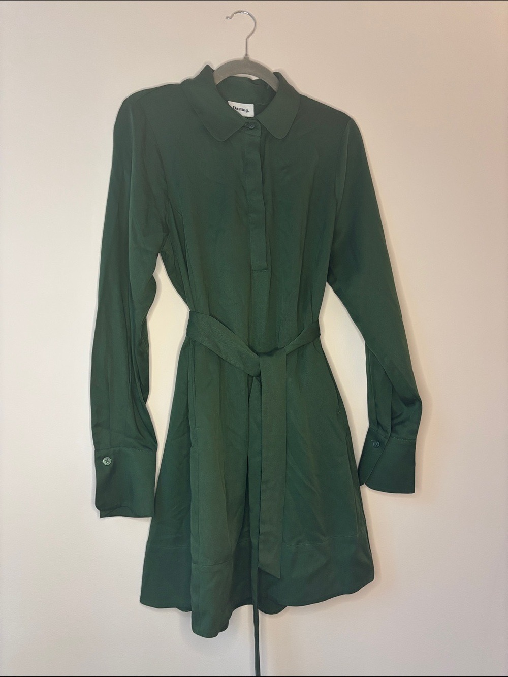 Darling Dark Green Long-Sleeve Belted Shirt Dress